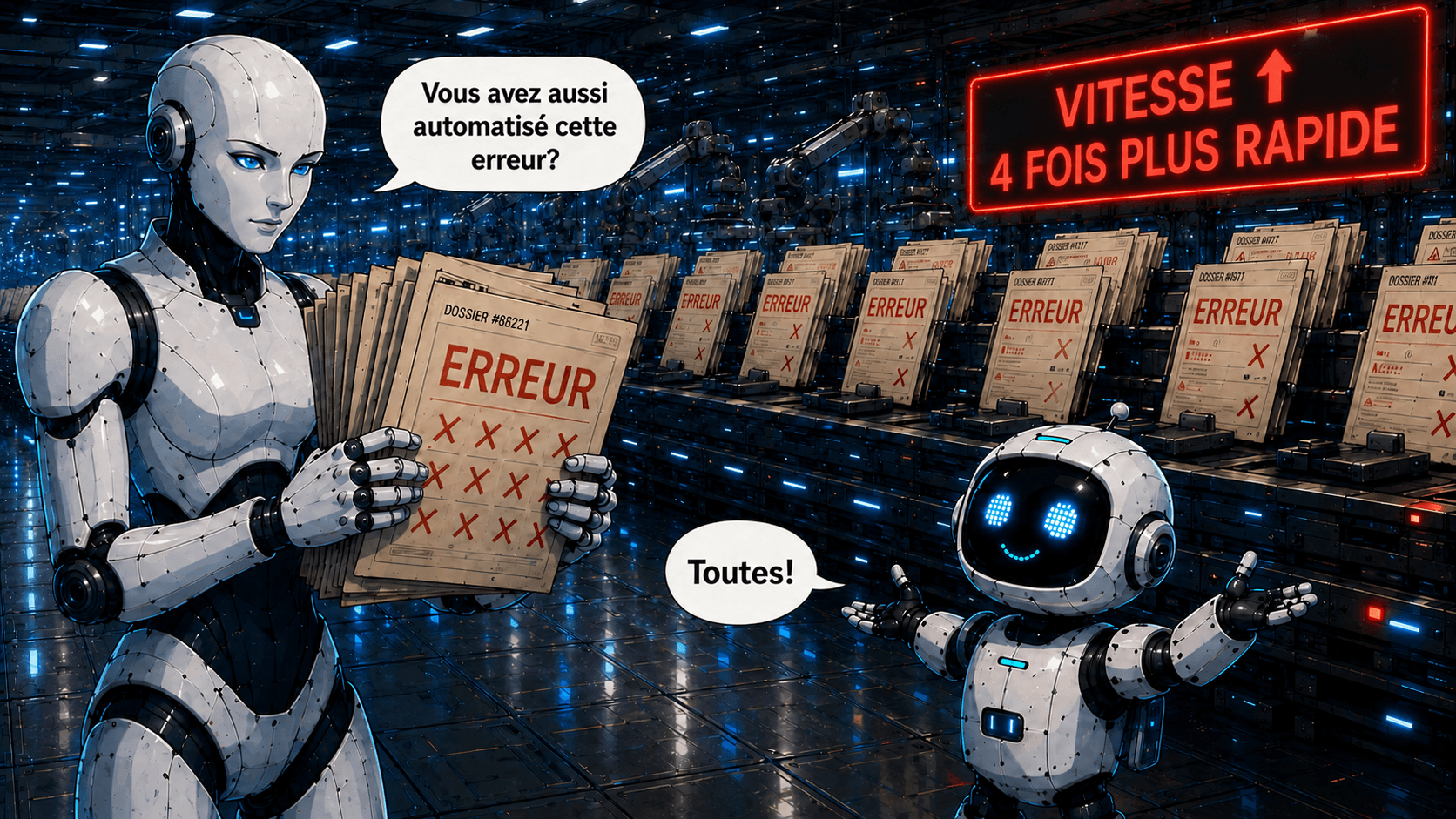 Case 4 : l'Androïde blanc brandit une pile de dossiers marqués « Erreur » devant une chaîne de dossiers identiques défilant sous un écran rouge « Vitesse : 4 fois plus rapide ». Il demande « Vous avez aussi automatisé cette erreur? » Le Petit Robot répond « Toutes ».
